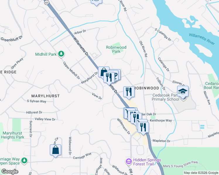 map of restaurants, bars, coffee shops, grocery stores, and more near 18711 Willamette Drive in West Linn