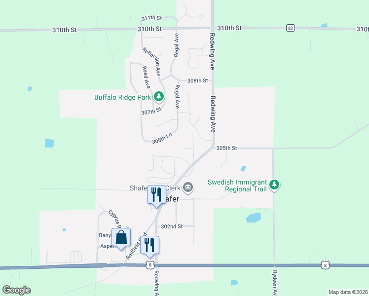 map of restaurants, bars, coffee shops, grocery stores, and more near 17680 305th Lane in Shafer