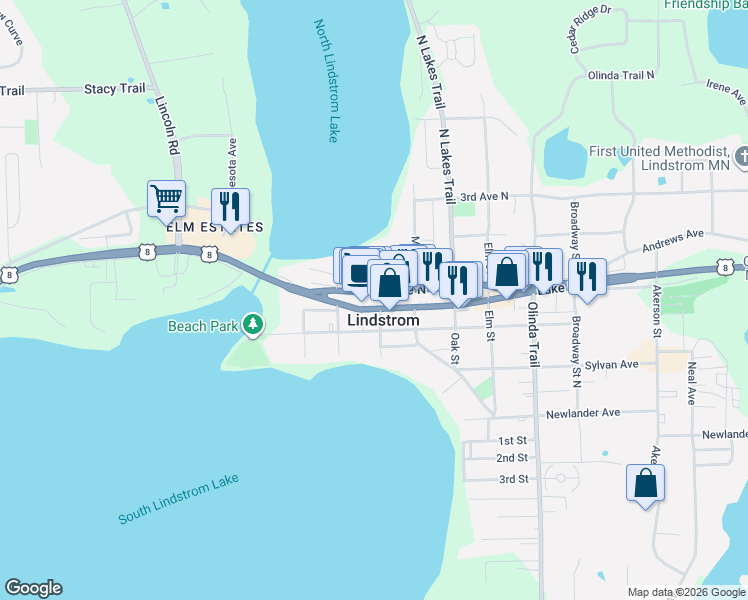 map of restaurants, bars, coffee shops, grocery stores, and more near in Lindstrom