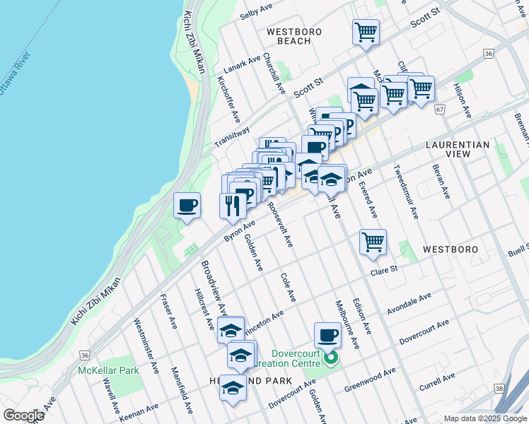 map of restaurants, bars, coffee shops, grocery stores, and more near 575 Byron Avenue in Ottawa