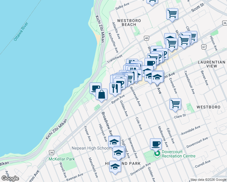 map of restaurants, bars, coffee shops, grocery stores, and more near 445 Richmond Road in Ottawa