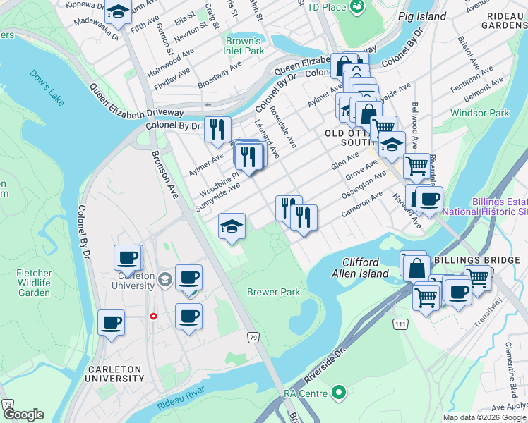 map of restaurants, bars, coffee shops, grocery stores, and more near 162 Glen Avenue in Ottawa