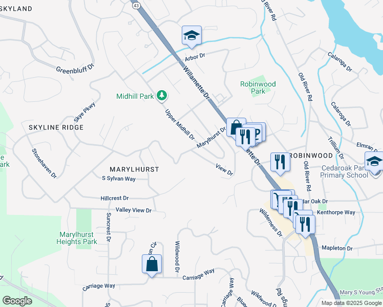 map of restaurants, bars, coffee shops, grocery stores, and more near 19145 View Drive in West Linn