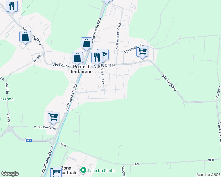 map of restaurants, bars, coffee shops, grocery stores, and more near 25 Via Alcide De Gasperi in Ponte di Barbarano
