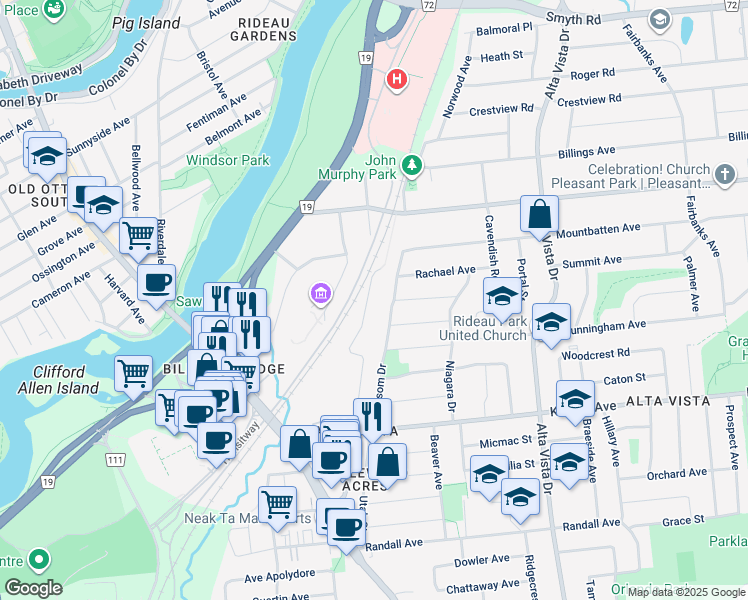 map of restaurants, bars, coffee shops, grocery stores, and more near 2079 Lamira Street in Ottawa