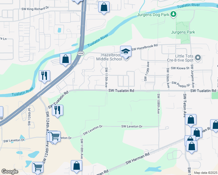 map of restaurants, bars, coffee shops, grocery stores, and more near 17950 Southwest 115th Avenue in Tualatin