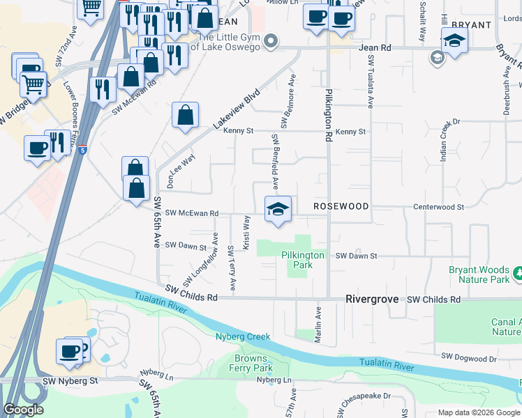 map of restaurants, bars, coffee shops, grocery stores, and more near 18788 Kristi Way in Lake Oswego