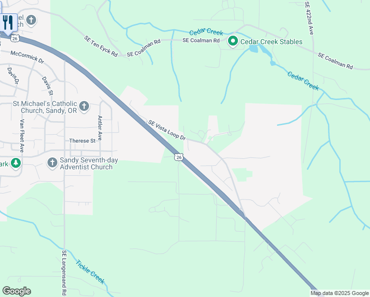 map of restaurants, bars, coffee shops, grocery stores, and more near 41248 Southeast Vista Loop Drive in Sandy