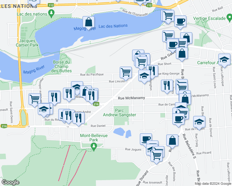 map of restaurants, bars, coffee shops, grocery stores, and more near 1143 Rue Galt Ouest in Sherbrooke