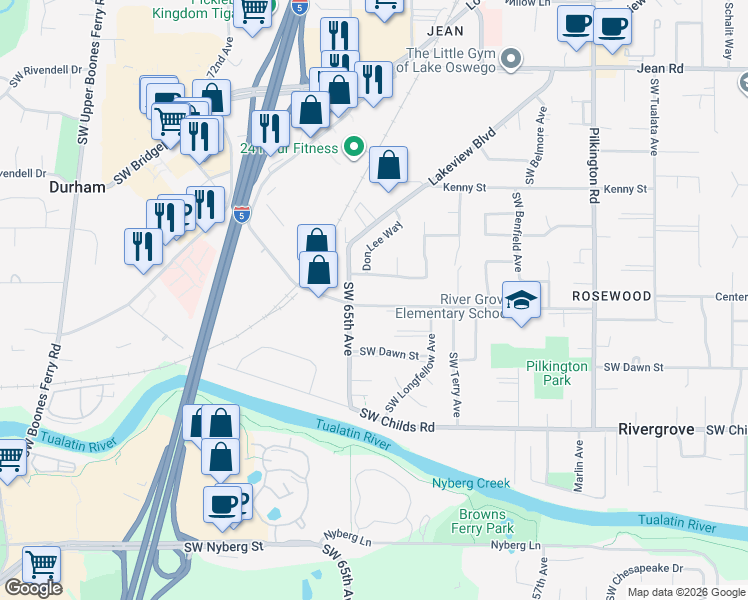 map of restaurants, bars, coffee shops, grocery stores, and more near 6447 Southwest McEwan Road in Lake Oswego