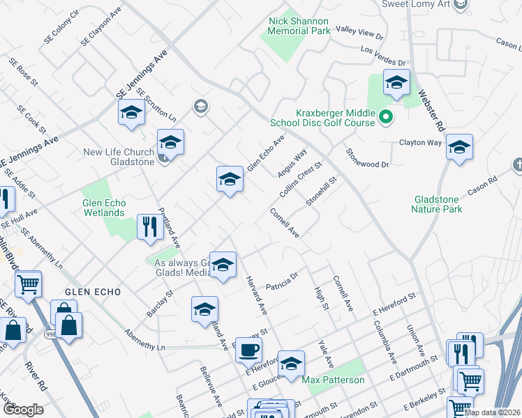 map of restaurants, bars, coffee shops, grocery stores, and more near 520 Collins Crest Street in Gladstone