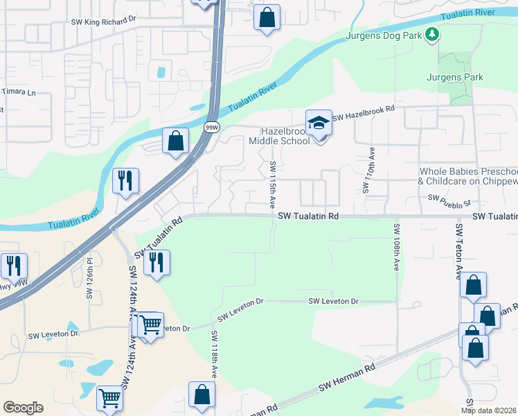 map of restaurants, bars, coffee shops, grocery stores, and more near 17989 Southwest 115th Avenue in Tualatin