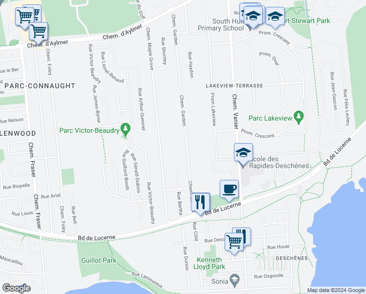 map of restaurants, bars, coffee shops, grocery stores, and more near 115 Chemin Garden in Gatineau