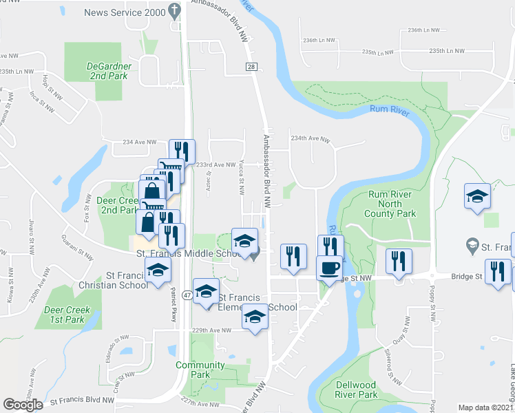map of restaurants, bars, coffee shops, grocery stores, and more near 3831 232nd Avenue Northwest in Saint Francis
