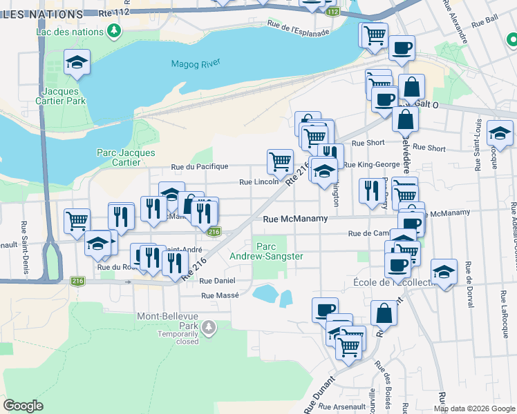 map of restaurants, bars, coffee shops, grocery stores, and more near 1143 Rue Galt Ouest in Sherbrooke