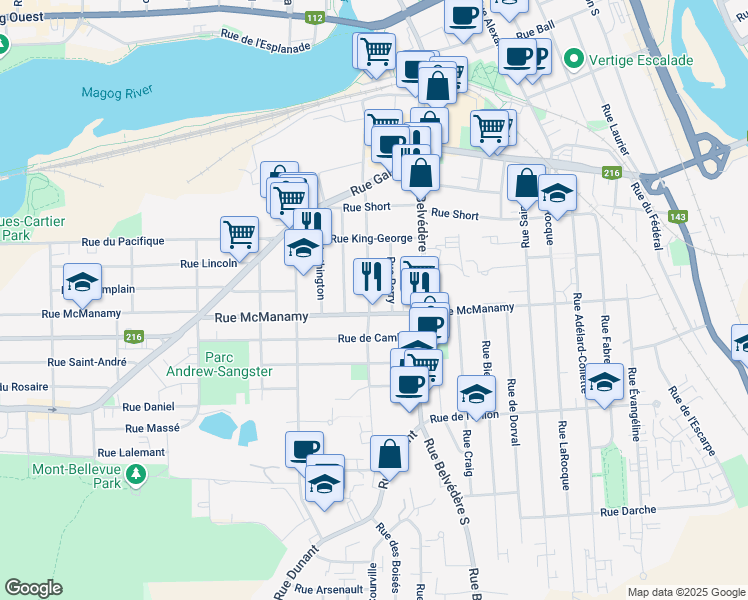 map of restaurants, bars, coffee shops, grocery stores, and more near 1078 Rue de Courcelette in Sherbrooke