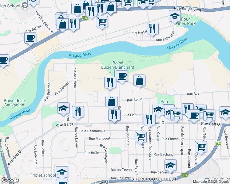 map of restaurants, bars, coffee shops, grocery stores, and more near 955 Rue Blais in Sherbrooke