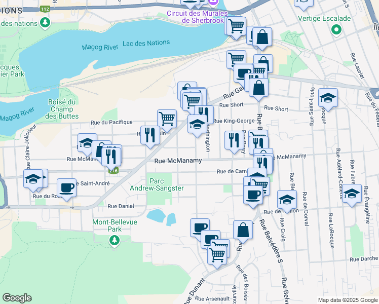 map of restaurants, bars, coffee shops, grocery stores, and more near 990 Rue Champlain in Sherbrooke