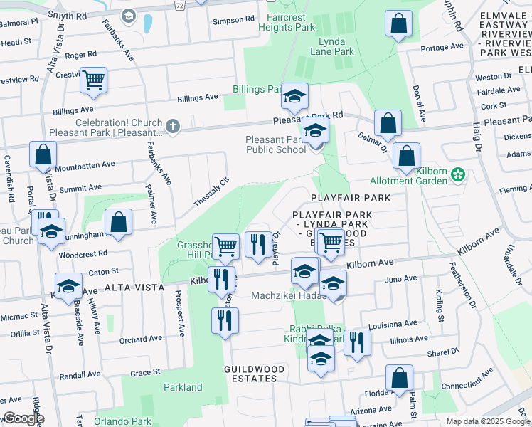 map of restaurants, bars, coffee shops, grocery stores, and more near 1719 Rhodes Crescent in Ottawa