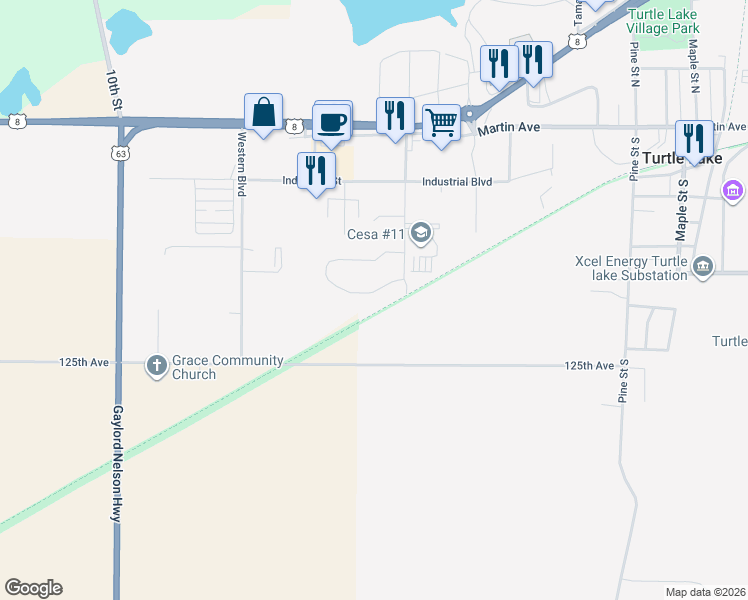 map of restaurants, bars, coffee shops, grocery stores, and more near 107 Elizabeth Court in Turtle Lake