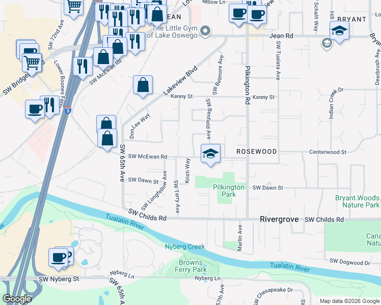 map of restaurants, bars, coffee shops, grocery stores, and more near 18788 Kristi Way in Lake Oswego