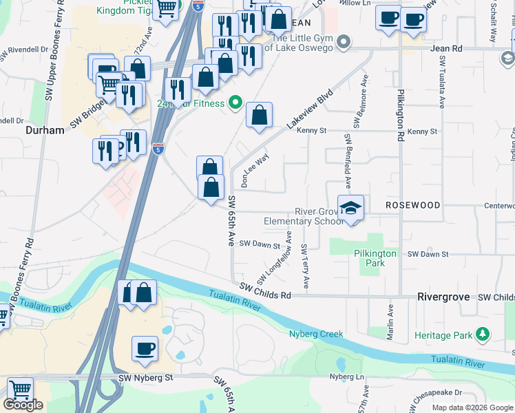map of restaurants, bars, coffee shops, grocery stores, and more near 6385 Southwest McEwan Road in Lake Oswego