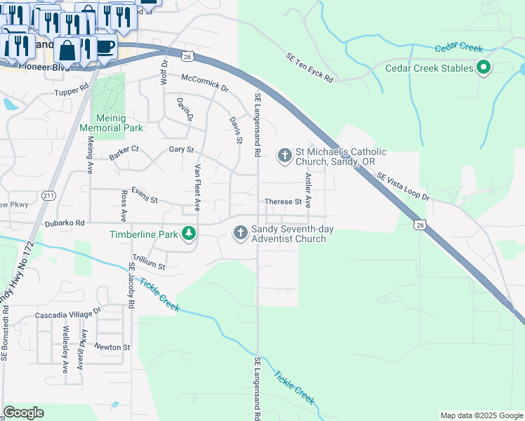 map of restaurants, bars, coffee shops, grocery stores, and more near 40311 Therese Street in Sandy