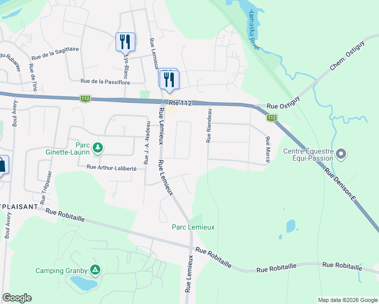 map of restaurants, bars, coffee shops, grocery stores, and more near Rue Bourbonnière in Granby