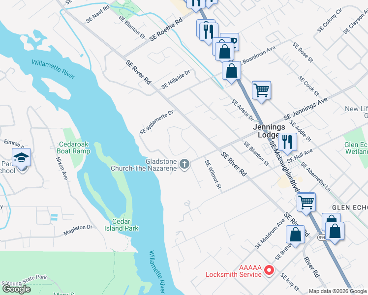 map of restaurants, bars, coffee shops, grocery stores, and more near 4016 Southeast Faith Avenue in Portland