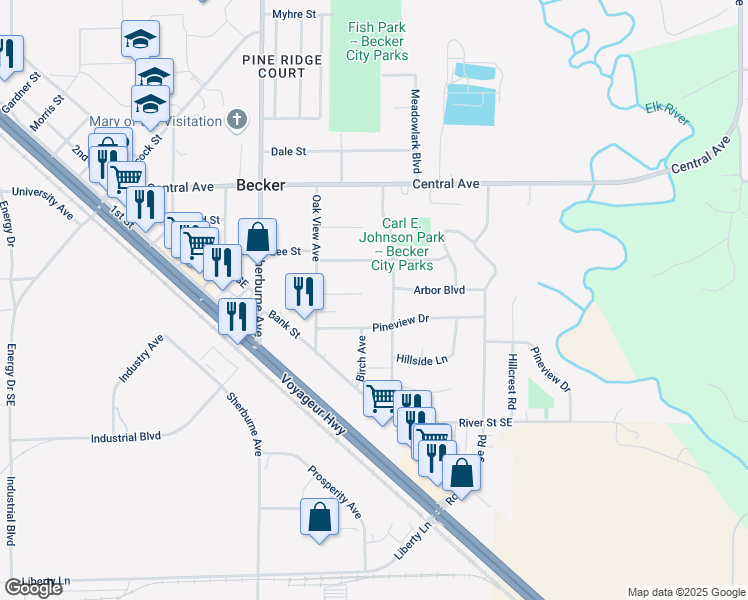 map of restaurants, bars, coffee shops, grocery stores, and more near 14235 Ash Boulevard in Becker