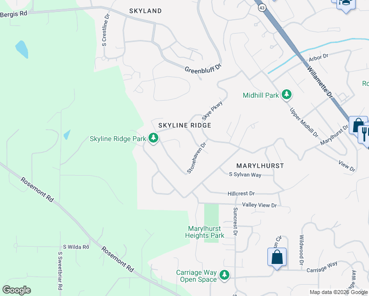 map of restaurants, bars, coffee shops, grocery stores, and more near 1610 Arran Court in West Linn