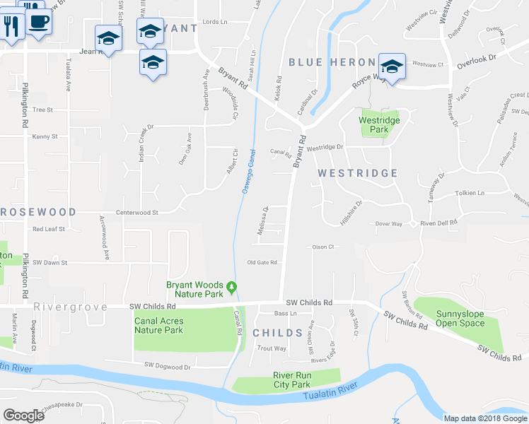 map of restaurants, bars, coffee shops, grocery stores, and more near 4140 Melissa Drive in Lake Oswego