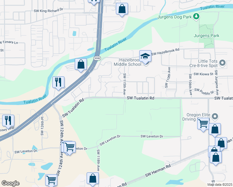 map of restaurants, bars, coffee shops, grocery stores, and more near 17989 Southwest 115th Avenue in Tualatin