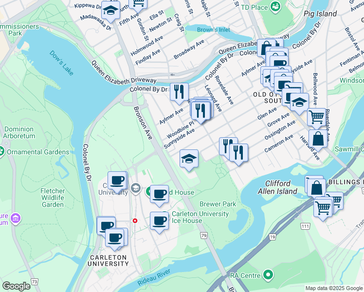 map of restaurants, bars, coffee shops, grocery stores, and more near in Ottawa