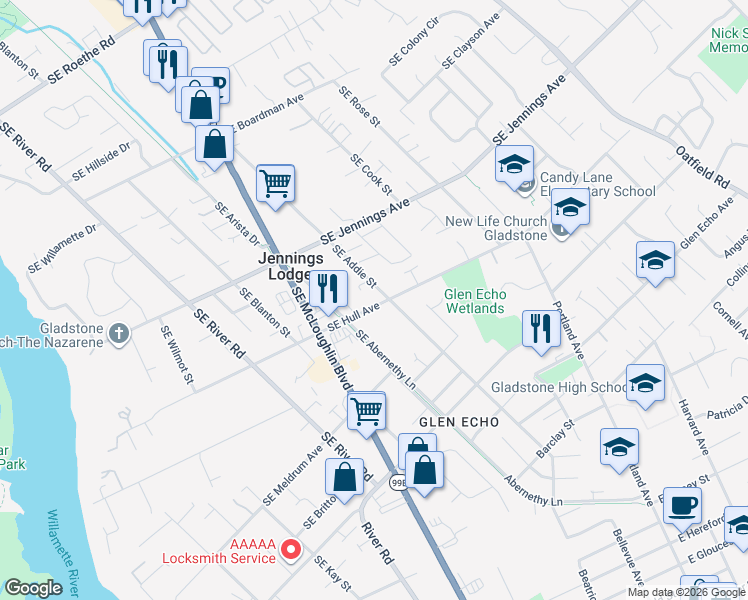 map of restaurants, bars, coffee shops, grocery stores, and more near 5240 Southeast Hull Avenue in Milwaukie