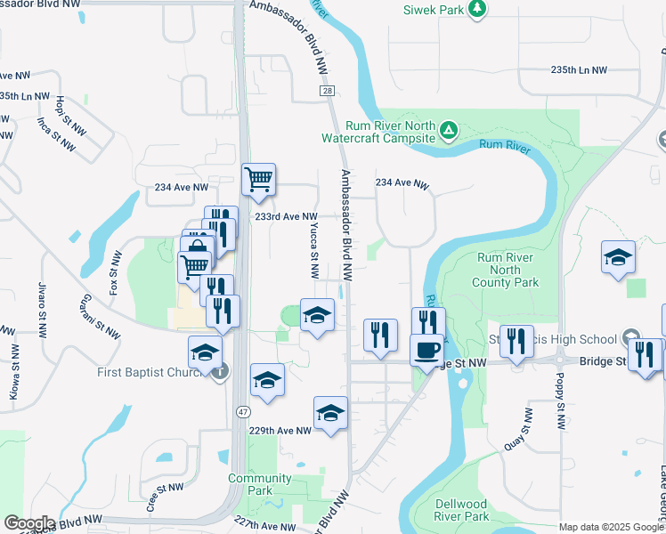 map of restaurants, bars, coffee shops, grocery stores, and more near 3831 232nd Avenue Northwest in Saint Francis