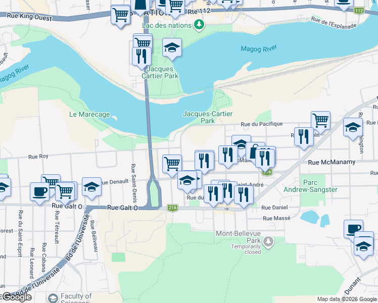map of restaurants, bars, coffee shops, grocery stores, and more near 1625 Rue McManamy in Sherbrooke