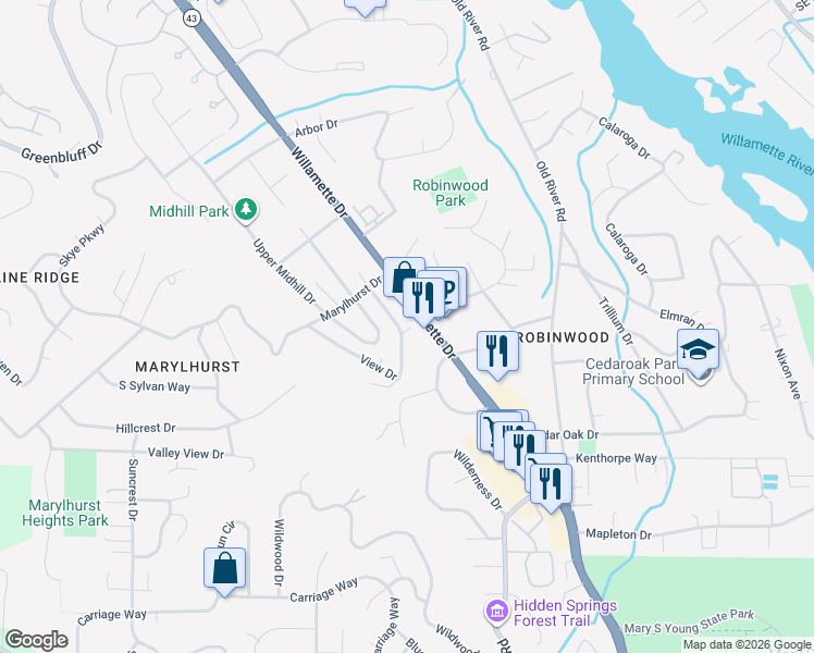map of restaurants, bars, coffee shops, grocery stores, and more near 19590 View Drive in West Linn