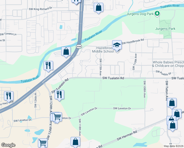 map of restaurants, bars, coffee shops, grocery stores, and more near 17983 Southwest 115th Avenue in Tualatin
