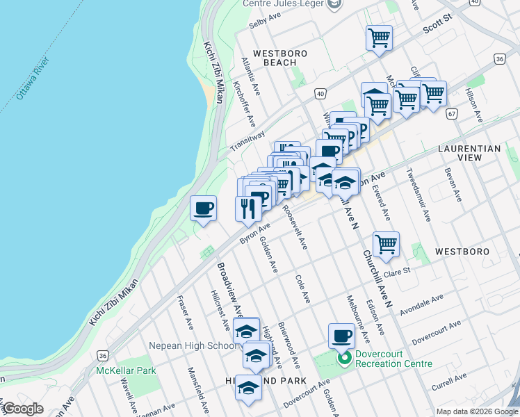 map of restaurants, bars, coffee shops, grocery stores, and more near 420 Berkley Avenue in Ottawa