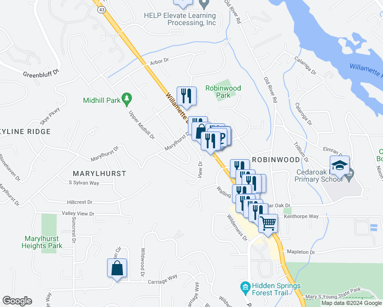 map of restaurants, bars, coffee shops, grocery stores, and more near 18637 Midhill Circle in West Linn