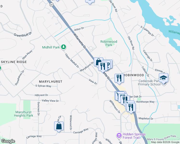 map of restaurants, bars, coffee shops, grocery stores, and more near 18660 Midhill Circle in West Linn