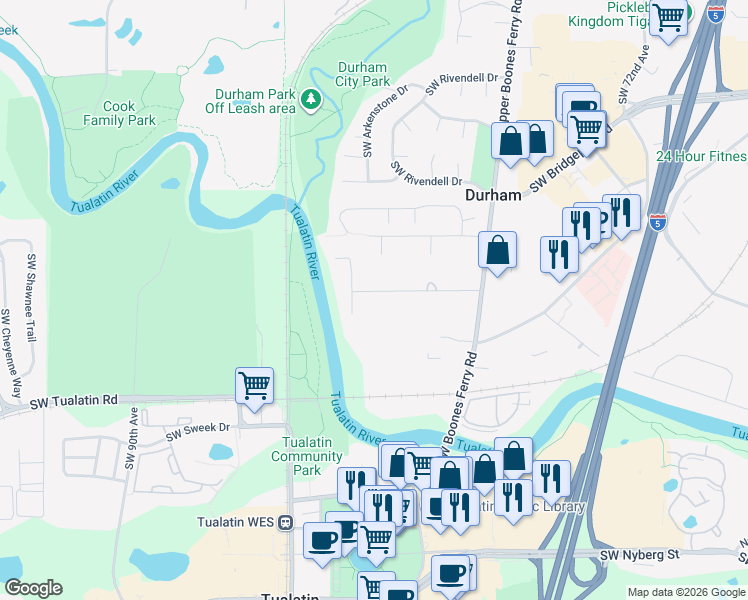 map of restaurants, bars, coffee shops, grocery stores, and more near 8080 Southwest Peters Road in Portland