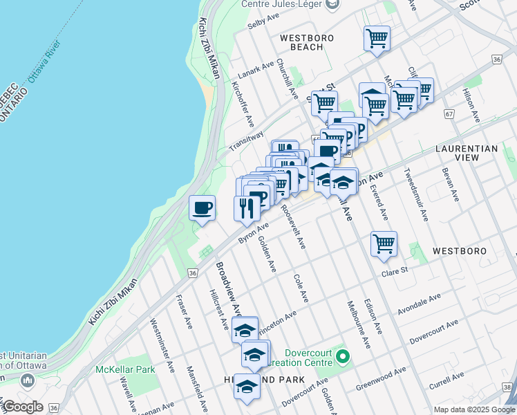 map of restaurants, bars, coffee shops, grocery stores, and more near in Ottawa