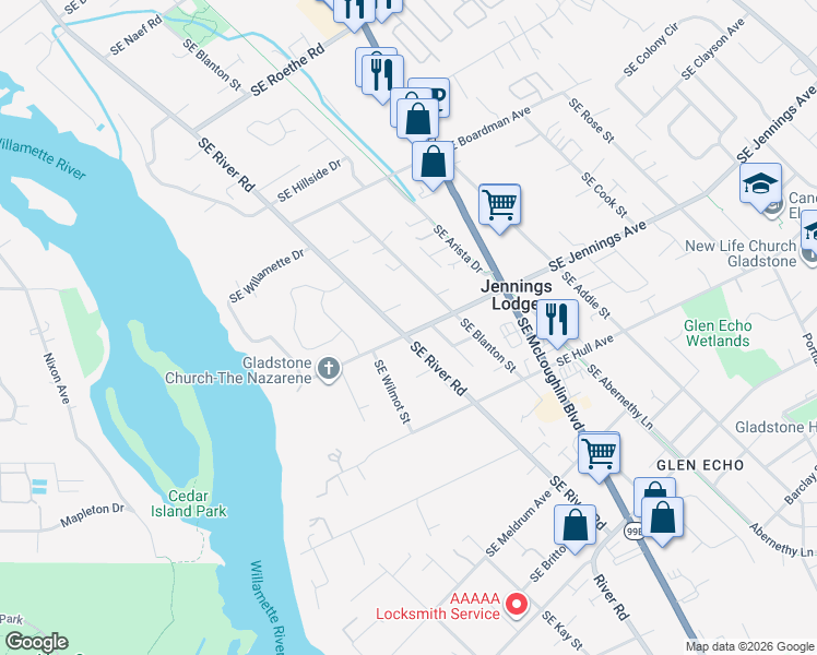 map of restaurants, bars, coffee shops, grocery stores, and more near 18346 Southeast River Road in Portland