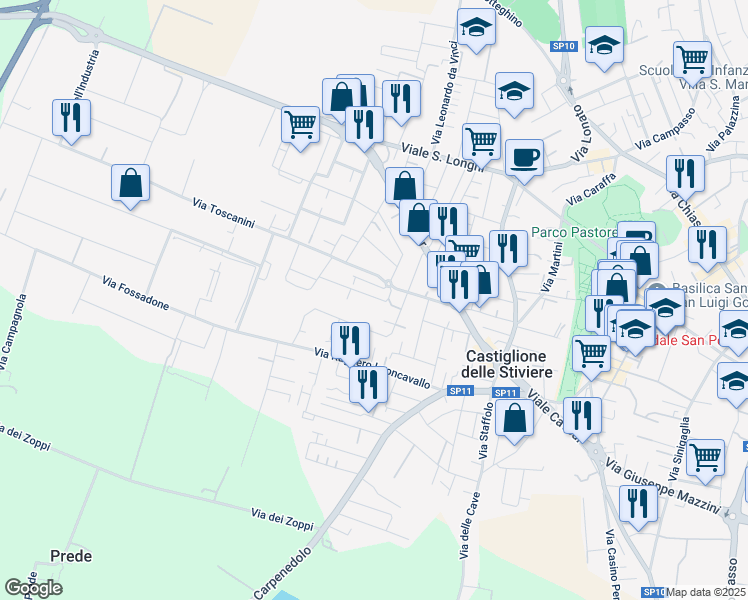 map of restaurants, bars, coffee shops, grocery stores, and more near 11 Via Amilcare Ponchielli in Castiglione delle Stiviere