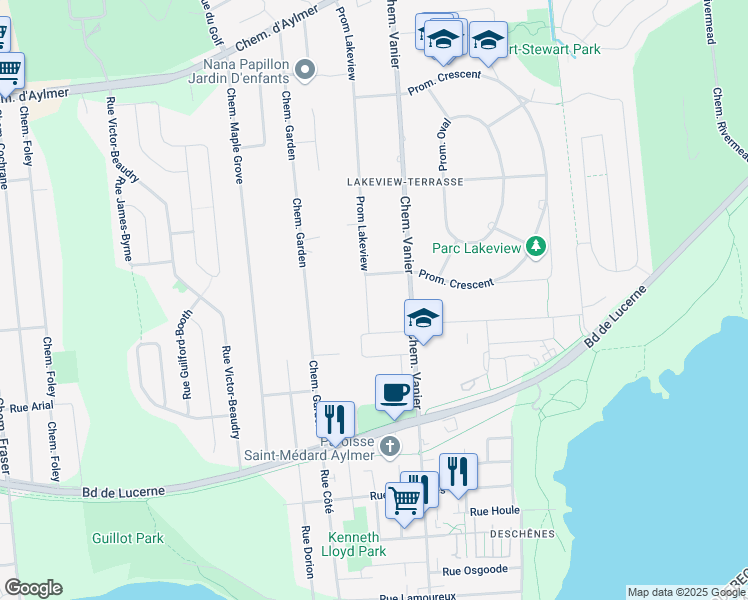 map of restaurants, bars, coffee shops, grocery stores, and more near 75 Prom Lakeview in Gatineau