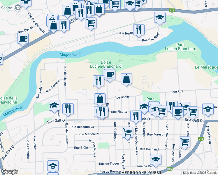 map of restaurants, bars, coffee shops, grocery stores, and more near 960 Rue Blais in Sherbrooke