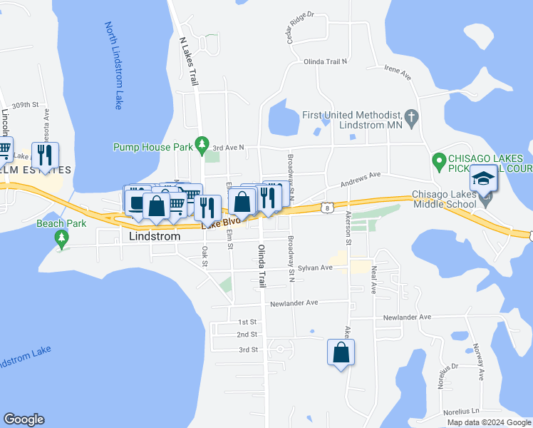 map of restaurants, bars, coffee shops, grocery stores, and more near 22500 Lake Blvd in Lindstrom