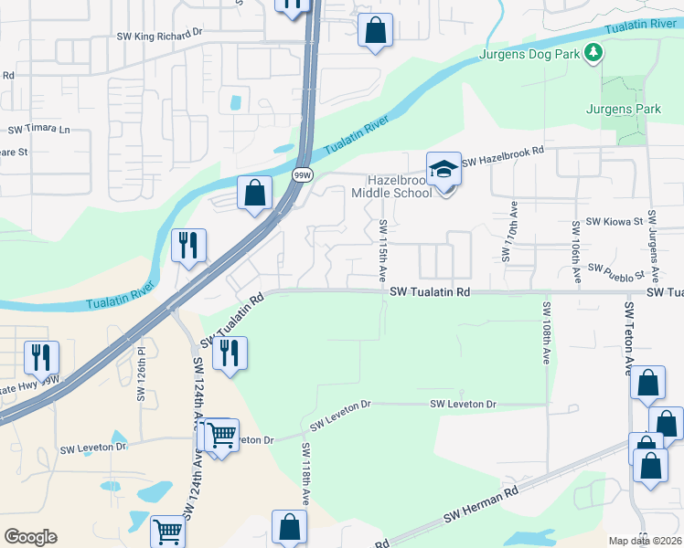 map of restaurants, bars, coffee shops, grocery stores, and more near 11501-11643 Southwest Tualatin Road in Tualatin